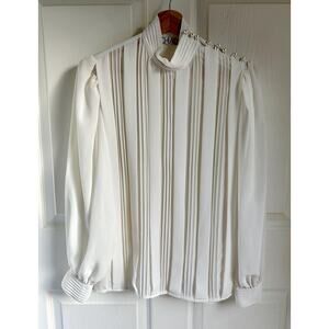 1980's Women's White Faux Silk Pleated Long Sleeve Blouse Size Medium